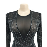 Fashion Women's Mesh Beaded V-Neck Long Sleeve Feather Long Library Jumpsuit