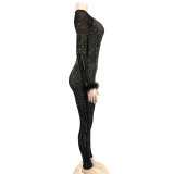 Fashion Women's Mesh Beaded V-Neck Long Sleeve Feather Long Library Jumpsuit