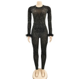 Fashion Women's Mesh Beaded V-Neck Long Sleeve Feather Long Library Jumpsuit