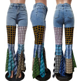 Women's Patchwork Houndstooth Bell Bottom Denim Ruffle Trousers