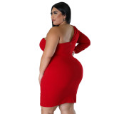 Plus Size Women'S Summer One Sleeve Solid Tight Fitting Sexy Formal Dress