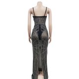 Women Solid Beaded Mesh Sleeveless Maxi Dress