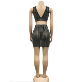 Women Mesh Beaded V-Neck Sleeveless Top and Skirt Two-Piece Set
