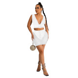 Women Mesh Beaded V-Neck Sleeveless Top and Skirt Two-Piece Set