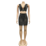 Women Mesh Beaded V-Neck Sleeveless Top and Skirt Two-Piece Set
