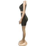Women Mesh Beaded V-Neck Sleeveless Top and Skirt Two-Piece Set
