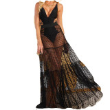 Mesh Patchwork Skirt See-Through Polka Dot Pleated Elastic Slim Waist Swing Skirt