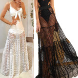 Mesh Patchwork Skirt See-Through Polka Dot Pleated Elastic Slim Waist Swing Skirt
