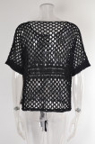 Summer Solid Patchwork Hollow Out Short Sleeve Bikini Beach Cover Up Knitting Smock Top