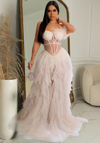 Women'S Fashion Solid Color Sleeveless Wrapped Chest Mesh Maxi Dress