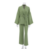 Spring Pajamas Sleepwear Long Sleeve Top Loose Trousers Ladies Solid Color Nightgown Home Absorbent Sweat Steaming Clothes Women