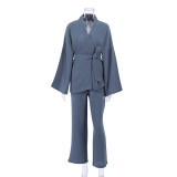 Spring Pajamas Sleepwear Long Sleeve Top Loose Trousers Ladies Solid Color Nightgown Home Absorbent Sweat Steaming Clothes Women