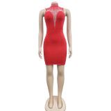Women'S Fashion Solid Beaded Mesh See-Through Sleeveless Backless Club Bodycon Dress
