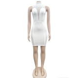 Women'S Fashion Solid Beaded Mesh See-Through Sleeveless Backless Club Bodycon Dress