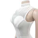 Women'S Fashion Solid Beaded Mesh See-Through Sleeveless Backless Club Bodycon Dress