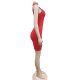 Women'S Fashion Solid Beaded Mesh See-Through Sleeveless Backless Club Bodycon Dress