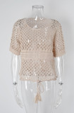 Summer Solid Patchwork Hollow Out Short Sleeve Bikini Beach Cover Up Knitting Smock Top
