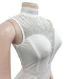 Women'S Fashion Solid Beaded Mesh See-Through Sleeveless Backless Club Bodycon Dress