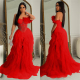 Women'S Fashion Solid Color Sleeveless Wrapped Chest Mesh Maxi Dress