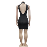 Women'S Fashion Solid Beaded Mesh See-Through Sleeveless Backless Club Bodycon Dress
