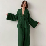 Spring Pajamas Sleepwear Long Sleeve Top Loose Trousers Ladies Solid Color Nightgown Home Absorbent Sweat Steaming Clothes Women