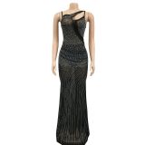 Women'S Fashion Mesh Beaded Sleeveless Straps V-Neck Maxi Dress