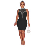 Women'S Fashion Solid Beaded Mesh See-Through Sleeveless Backless Club Bodycon Dress