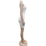 Women'S Fashion Solid Beaded Mesh See-Through Sleeveless Backless Club Bodycon Dress
