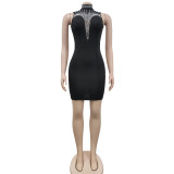 Women'S Fashion Solid Beaded Mesh See-Through Sleeveless Backless Club Bodycon Dress