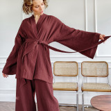 Spring Pajamas Sleepwear Long Sleeve Top Loose Trousers Ladies Solid Color Nightgown Home Absorbent Sweat Steaming Clothes Women