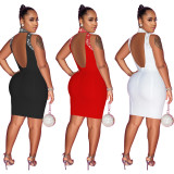 Women'S Fashion Solid Beaded Mesh See-Through Sleeveless Backless Club Bodycon Dress
