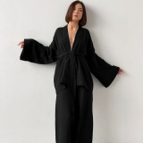 Spring Pajamas Sleepwear Long Sleeve Top Loose Trousers Ladies Solid Color Nightgown Home Absorbent Sweat Steaming Clothes Women