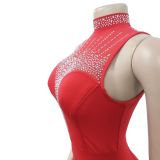 Women'S Fashion Solid Beaded Mesh See-Through Sleeveless Backless Club Bodycon Dress