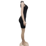 Women'S Fashion Solid Beaded Mesh See-Through Sleeveless Backless Club Bodycon Dress