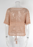 Summer Solid Patchwork Hollow Out Short Sleeve Bikini Beach Cover Up Knitting Smock Top