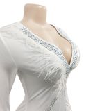 Women'S Fashion Feather Patchwork Beaded V-Neck Long Sleeve One Peice Trousers Sexy Ladies Jumpsuit