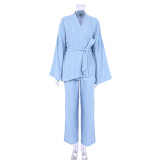Spring Pajamas Sleepwear Long Sleeve Top Loose Trousers Ladies Solid Color Nightgown Home Absorbent Sweat Steaming Clothes Women