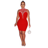 Women'S Fashion Solid Beaded Mesh See-Through Sleeveless Backless Club Bodycon Dress