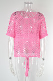 Summer Solid Patchwork Hollow Out Short Sleeve Bikini Beach Cover Up Knitting Smock Top