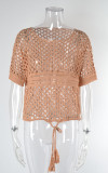 Summer Solid Patchwork Hollow Out Short Sleeve Bikini Beach Cover Up Knitting Smock Top