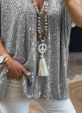 Women Summer Sequined V-Neck Loose T-Shirt