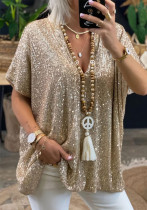 Women Summer Sequined V-Neck Loose T-Shirt
