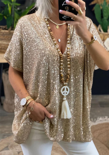 Women Summer Sequined V-Neck Loose T-Shirt