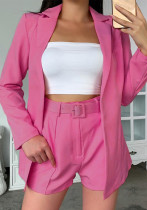 Women Solid Blazer and Shorts Two-Piece Set with Belt Women Solid Blazer and Shorts Two-Piece Set with Belt