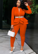 Women Casual Ruffle Blazer and Pant Two-Piece Set Women Casual Ruffle Blazer and Pant Two-Piece Set