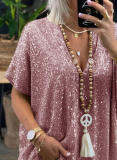 Women Summer Sequined V-Neck Loose T-Shirt