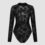 Women Lace Mesh Flock Print See-Through Sexy Long Sleeve Bodysuit