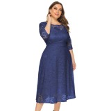 Plus Size Evening Dress Mid Length Cutout Lace Pocket Dress