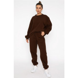 Solid Color Fleece Round Neck Pullover Long Sleeve Hoodies Fashionable Casual Pants Set