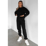 Solid Color Fleece Round Neck Pullover Long Sleeve Hoodies Fashionable Casual Pants Set